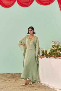 Mint Scalloped Tissue Silk Kaftan