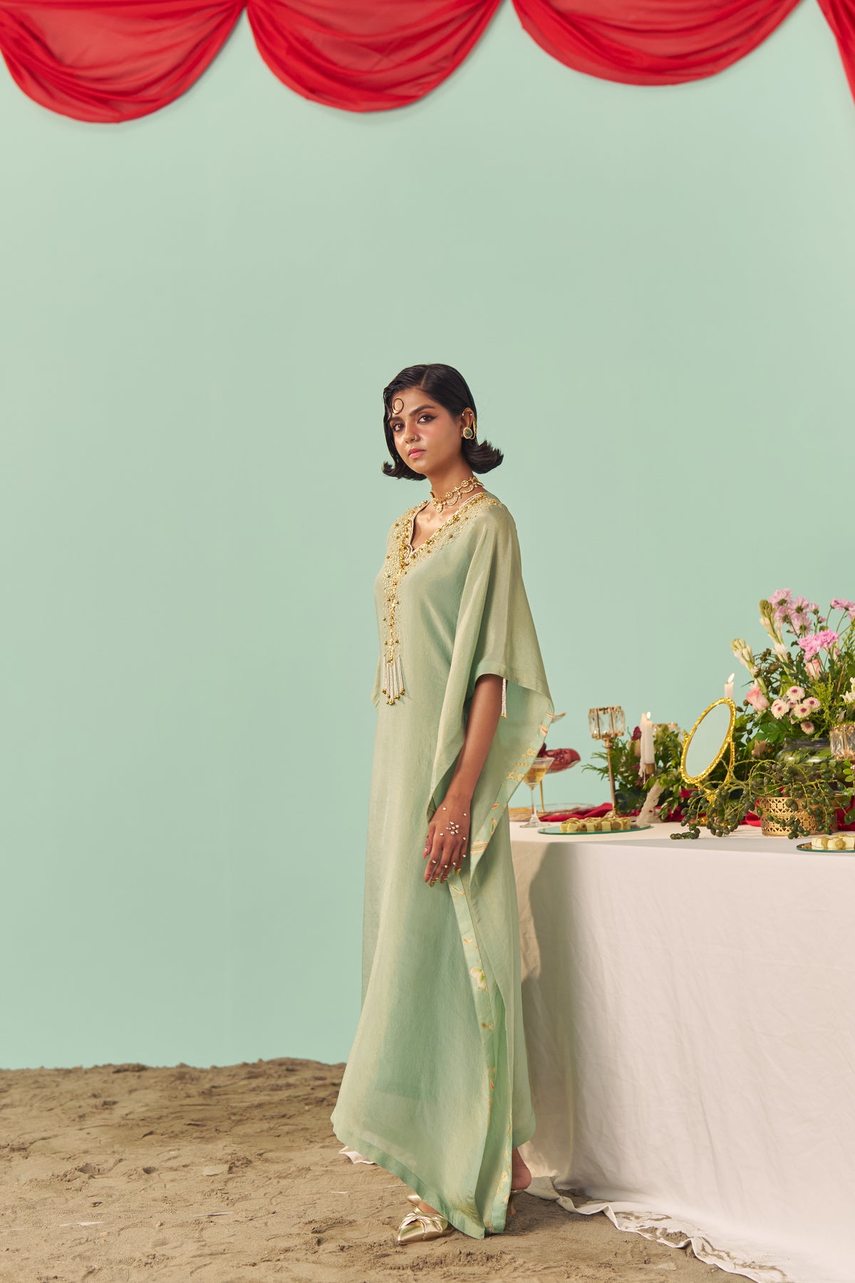 Mint Scalloped Tissue Silk Kaftan