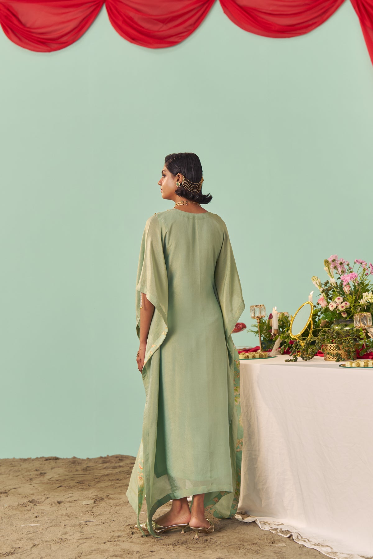 Mint Scalloped Tissue Silk Kaftan