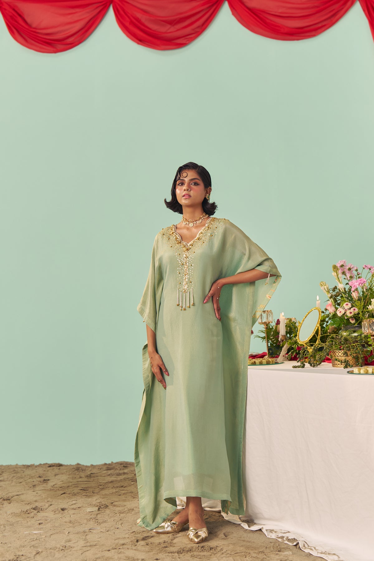Mint Scalloped Tissue Silk Kaftan