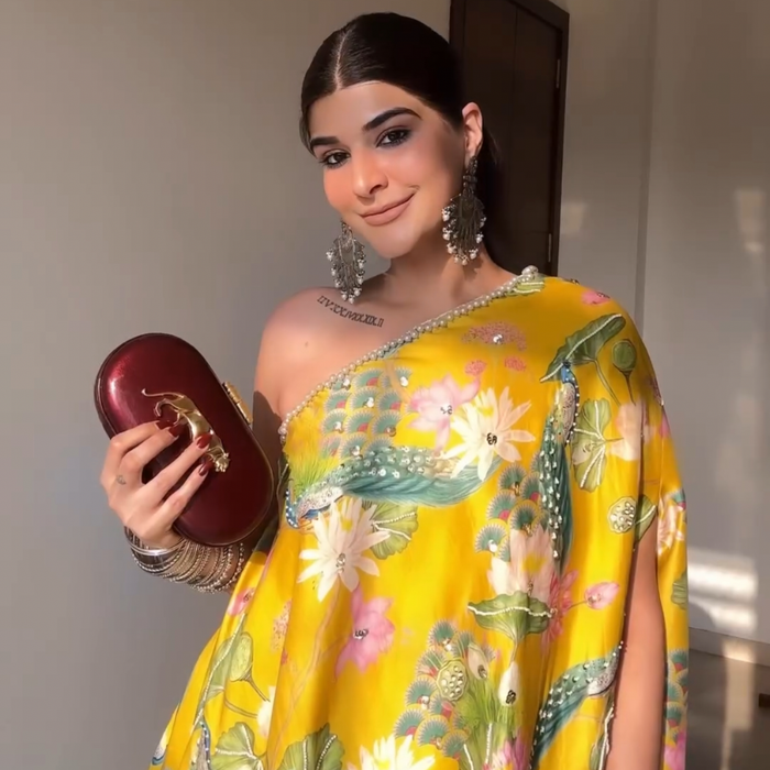 Deeksha Khurana in Bhādõ- Yellow Printed Off-Shoulder Sharara - Set of 2