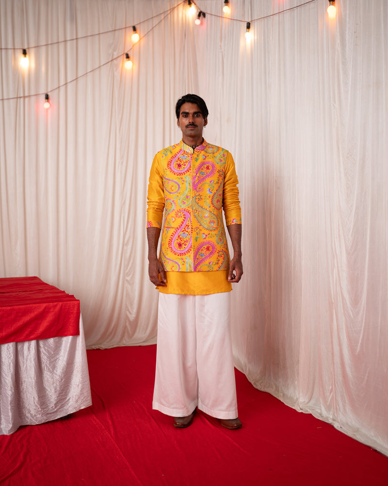 Mehfil Yellow Twinning Nehru Jacket & Short Kurta Bundle