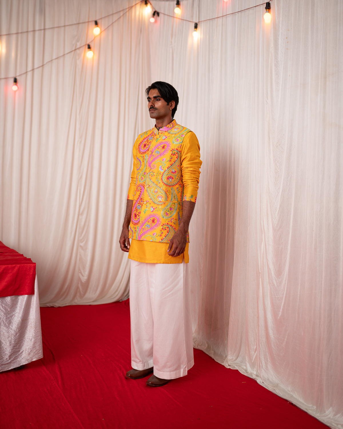 Paisley Men- Yellow Nehru Jacket Kurta Set