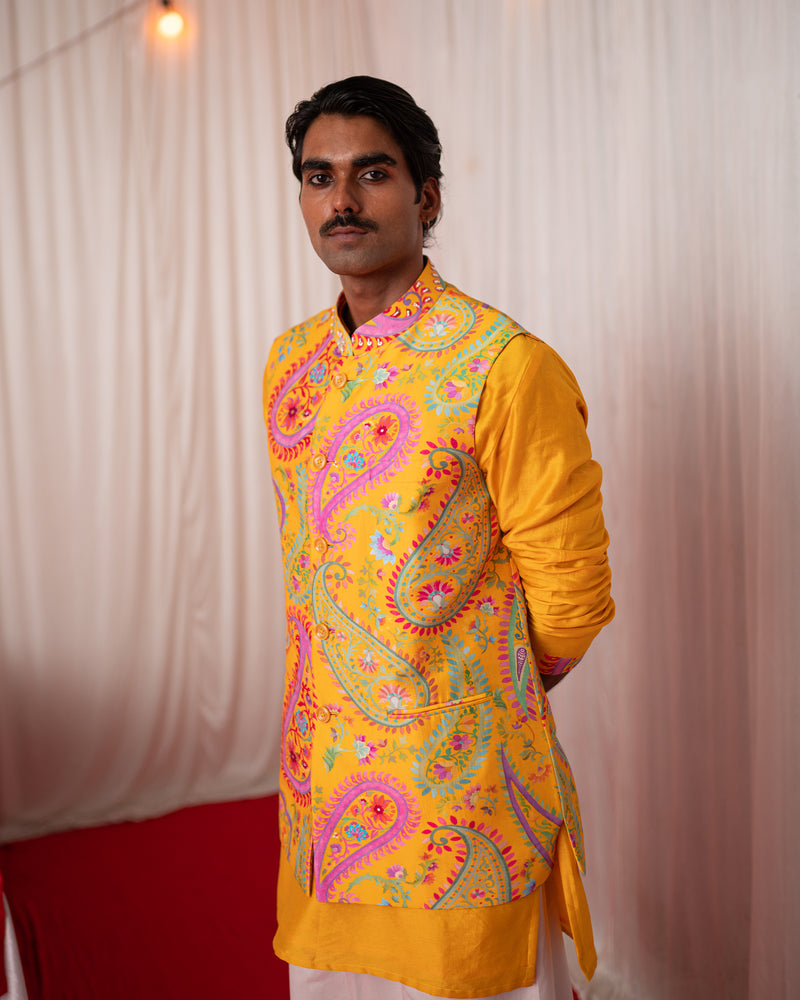 Mehfil Men- Yellow Nehru Jacket Kurta Set
