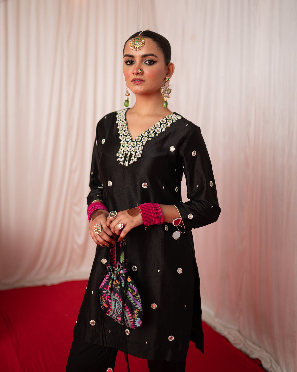 Paisley- Black Mirror Embroidered Short Kurta Set