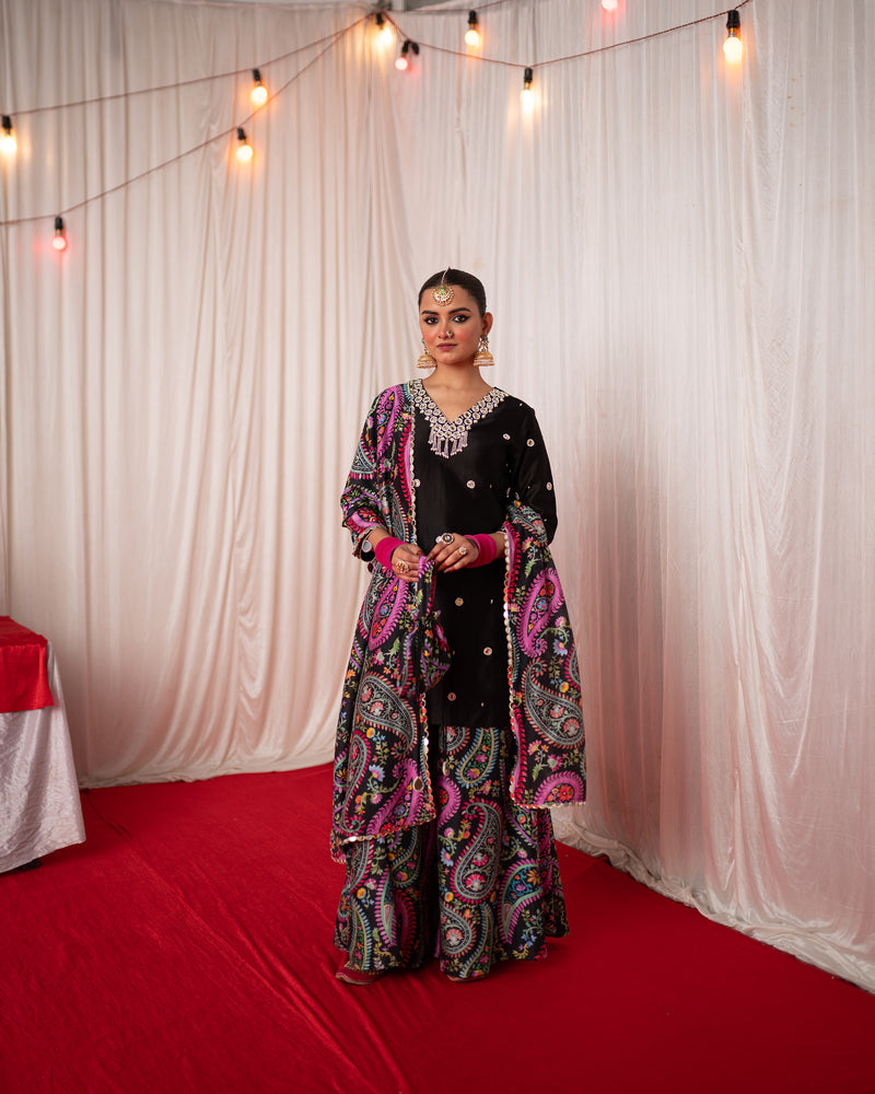 Amitha in Paisley- Black Mirror Embroidered Short Kurta with Sharara- Set of 3