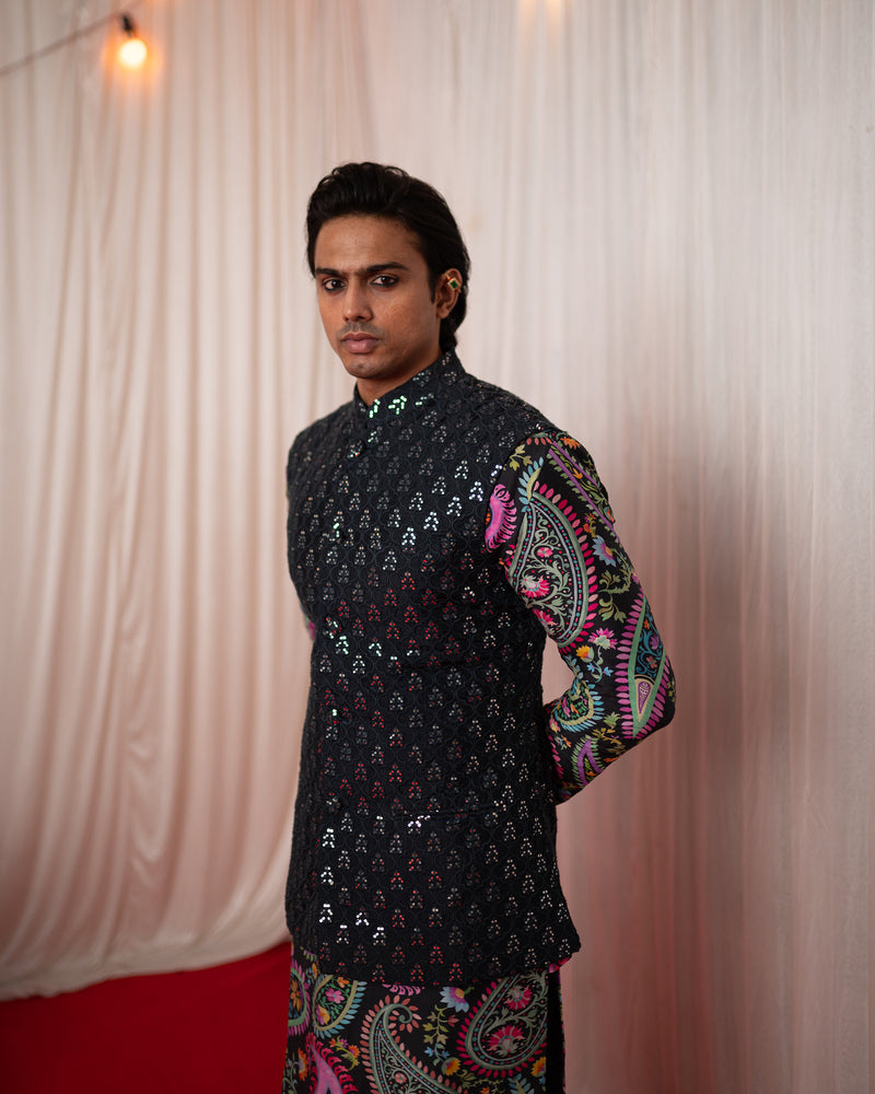 Mehfil Men- Black Mirror Work Nehru Jacket Kurta Set