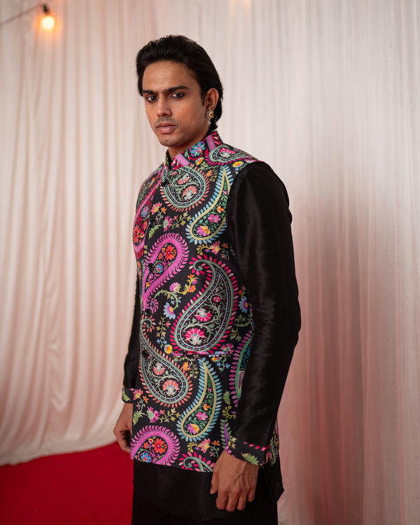 Paisley Men- Black Nehru Jacket Kurta Set