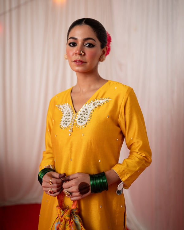 Paisley- Yellow Mirror Embroidered Short Kurta Set