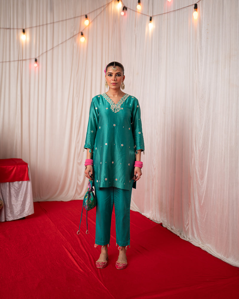 Mehal Kejriwal in Paisley- Green Mirror Embroidered Short Kurta Set
