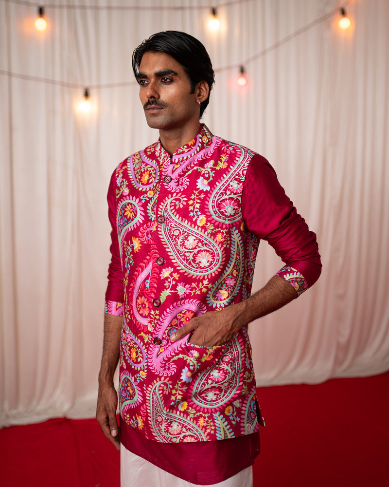 Mehfil Men- Maroon Nehru Jacket Kurta Set