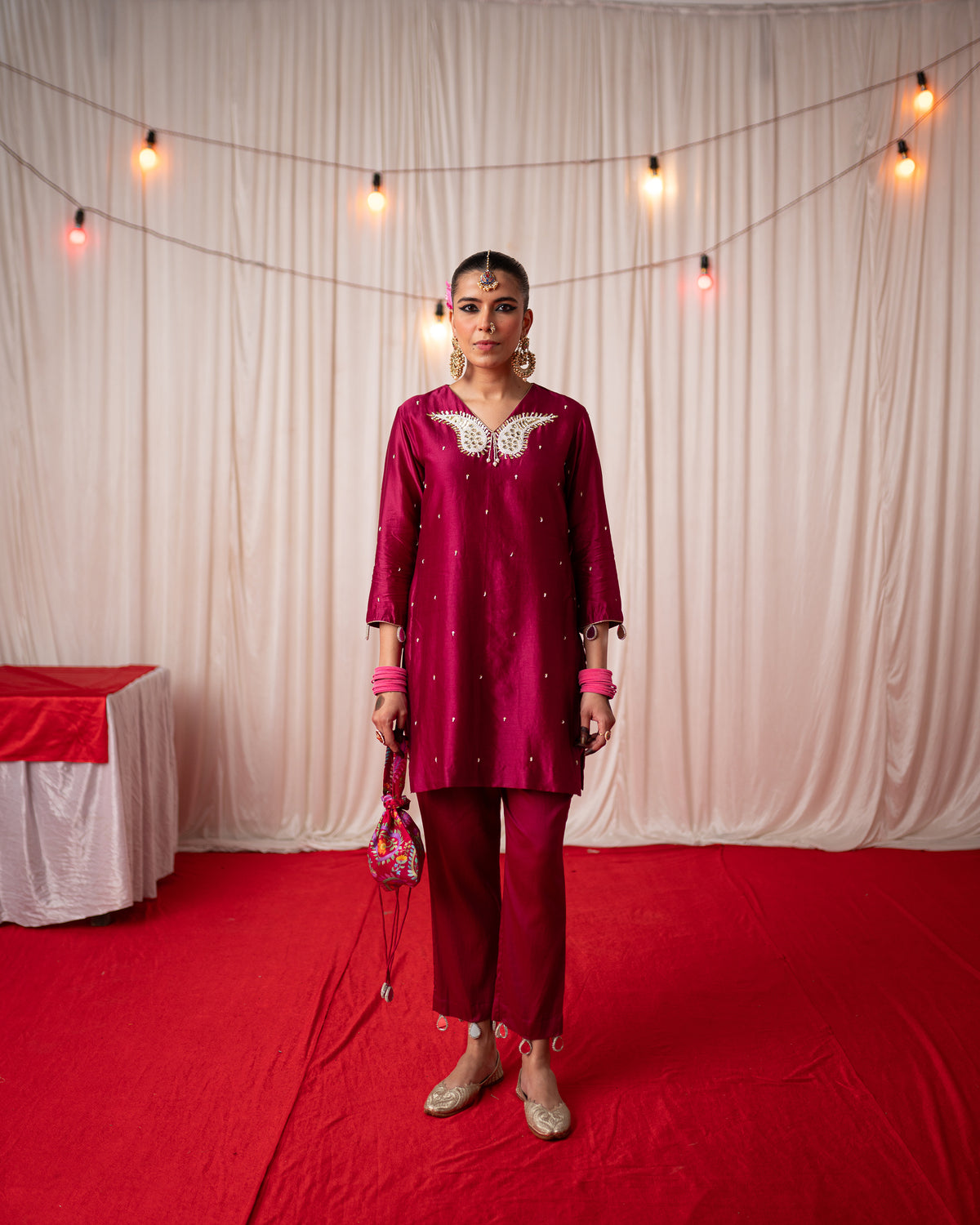 Paisley- Maroon Mirror Embroidered Short Kurta Set