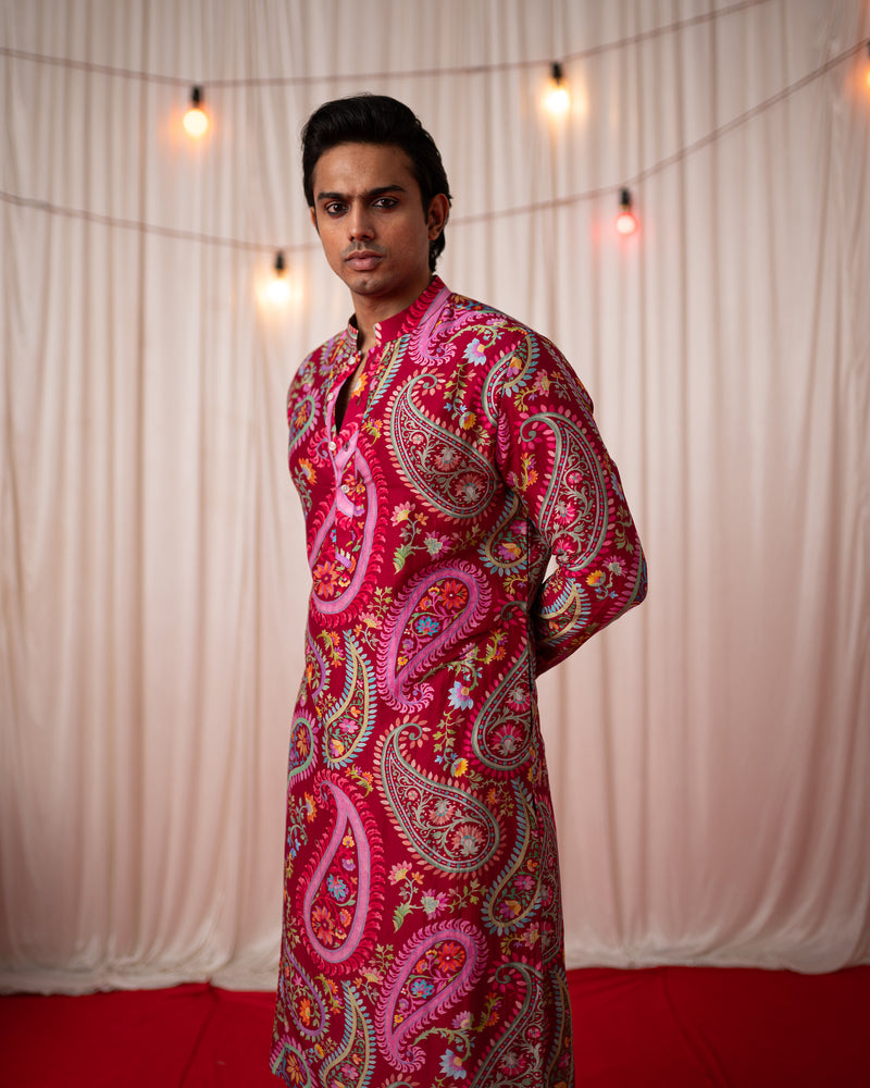 Mehfil Men- Maroon Printed Kurta Set