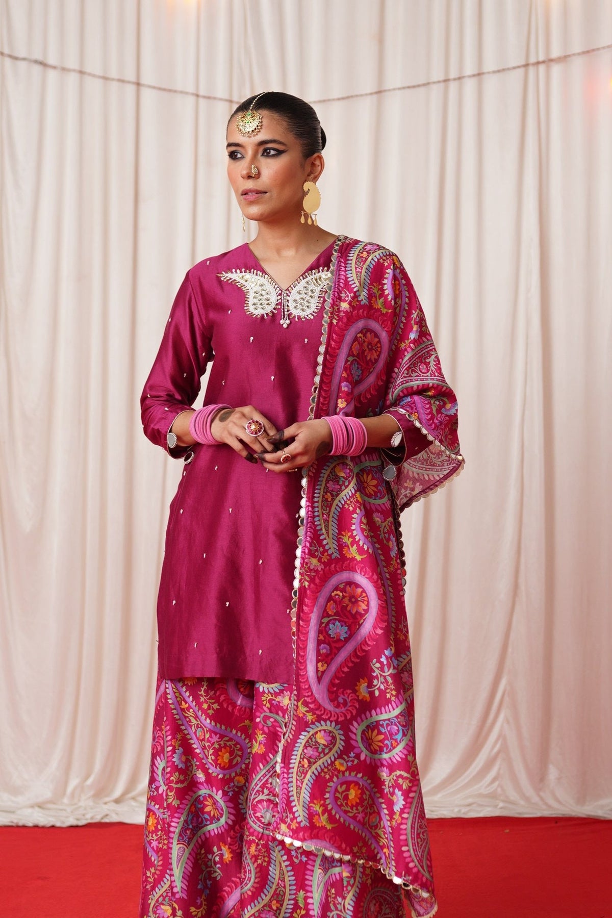 Paisley- Maroon Mirror Embroidered Short Kurta Set