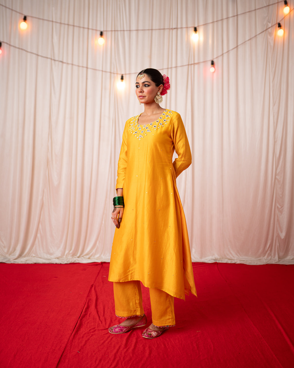 Paisley- Yellow A Line Mirror Embroidered Kurta Set