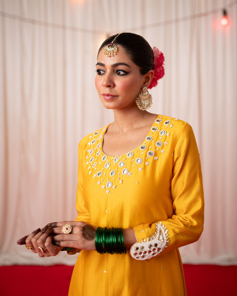 Paisley- Yellow A Line Mirror Embroidered Kurta Set
