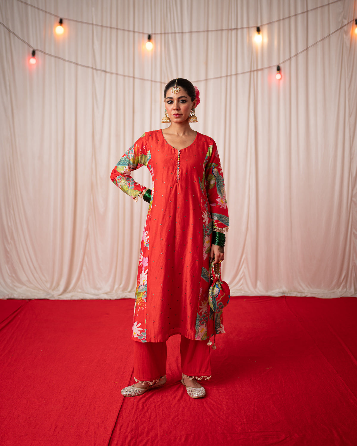 Bhādõ 2.0- Red Printed Panel Kurta - Set of 3