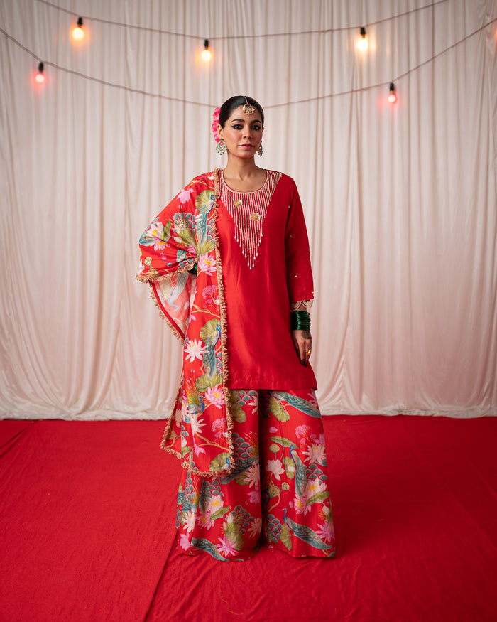 Bhādõ 2.0- Red Embroidered Kurta with Sharara  - Set of 3