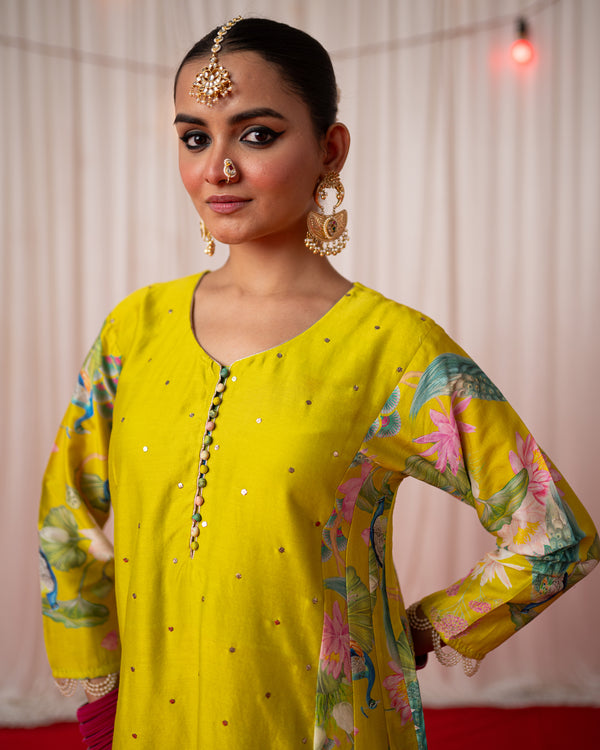 Bhādõ 2.0- Lime Green Printed Panel Kurta - Set of 3