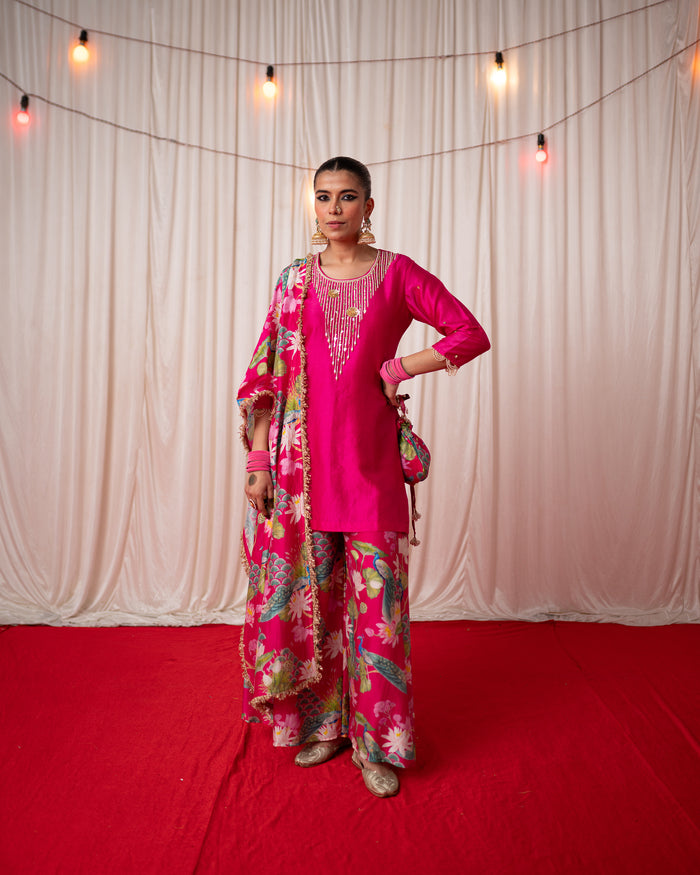 Bhādõ 2.0- Rani Pink Embroidered Kurta with Sharara  - Set of 3