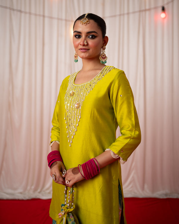 Bhādõ 2.0- Lime Green Embroidered Kurta with Sharara  - Set of 3