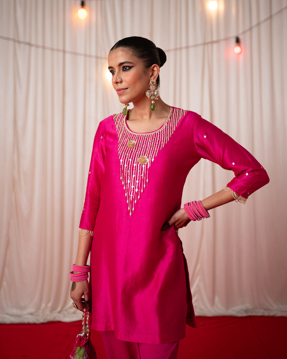 Bhādõ 2.0- Rani Pink Embroidered Kurta with Sharara  - Set of 3