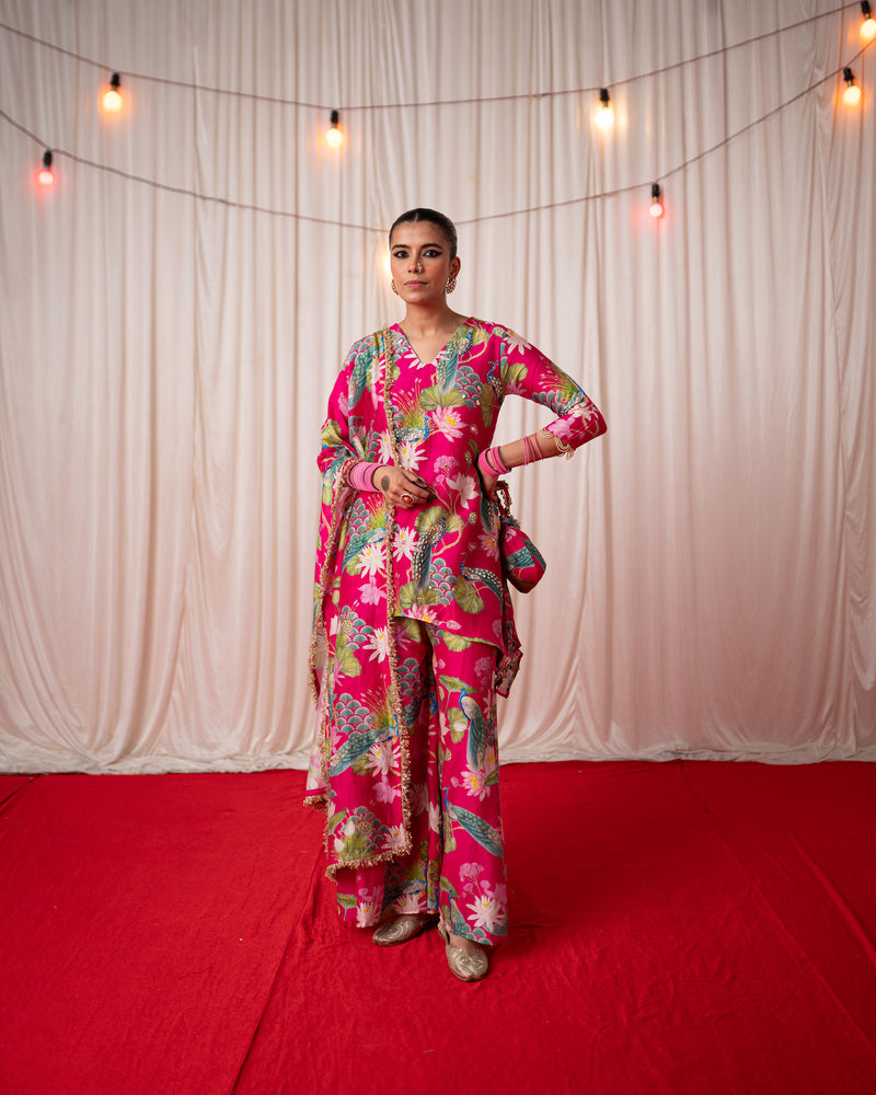 Bhādõ 2.0- Rani Pink Printed Kurta with Sharara  - Set of 3