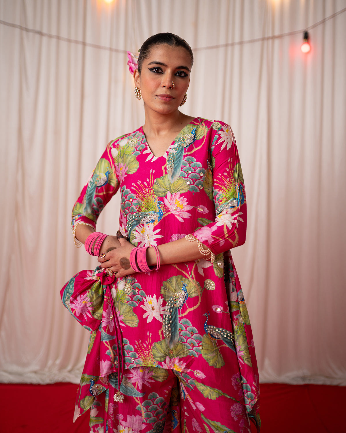 Bhādõ 2.0- Rani Pink Printed Kurta with Sharara  - Set of 3