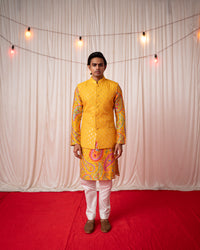 Paisley Men- Yellow Mirror Work Nehru Jacket Kurta Set