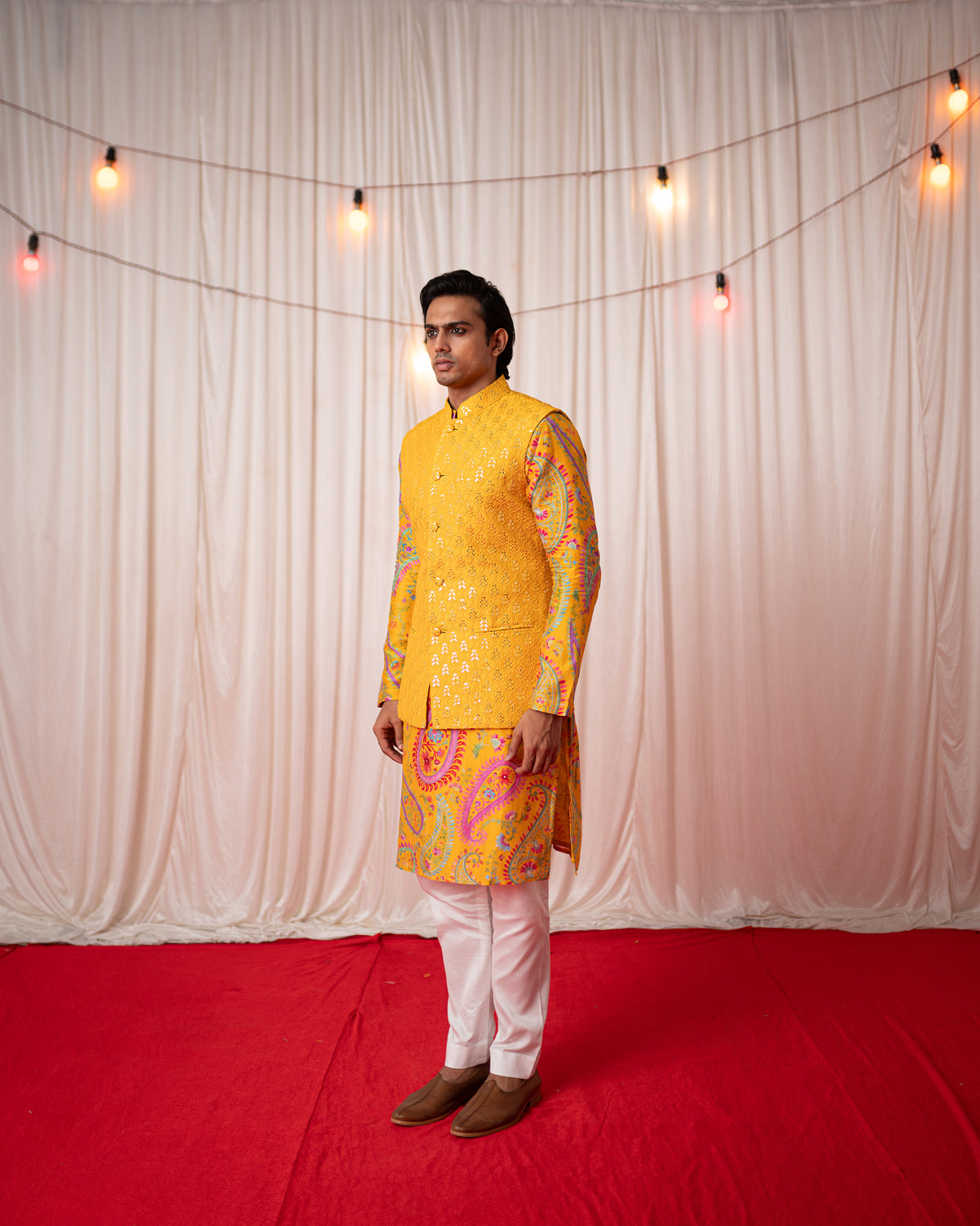 Paisley Men- Yellow Mirror Work Nehru Jacket Kurta Set