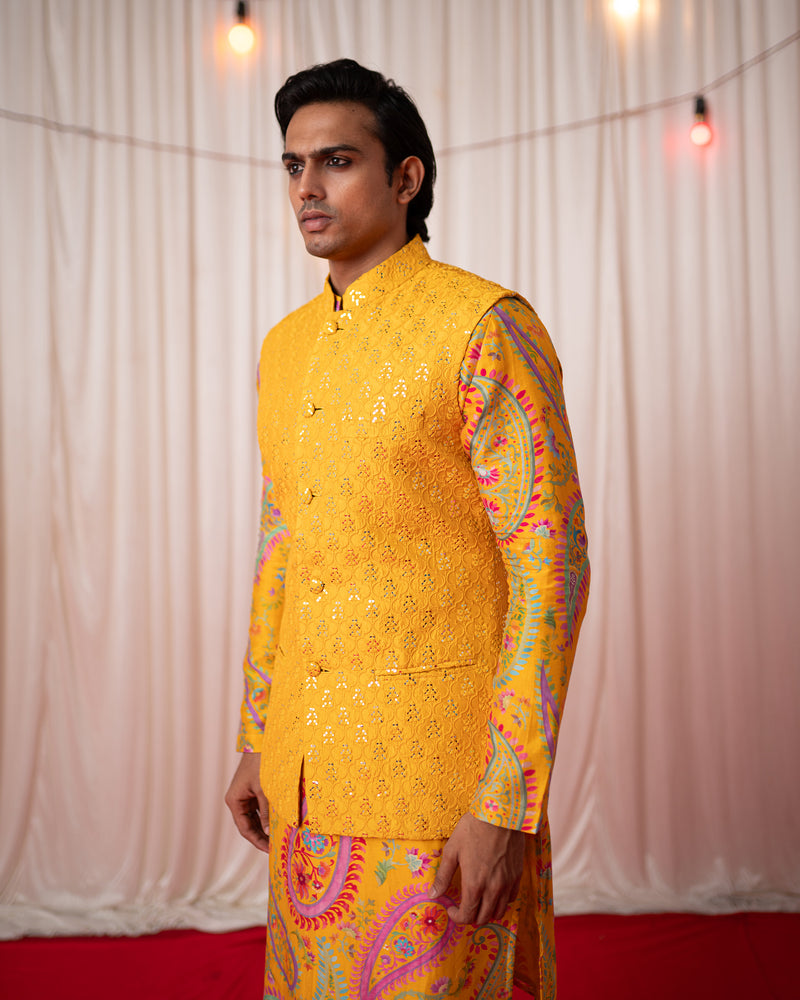 Mehfil Men- Yellow Mirror Work Nehru Jacket Kurta Set