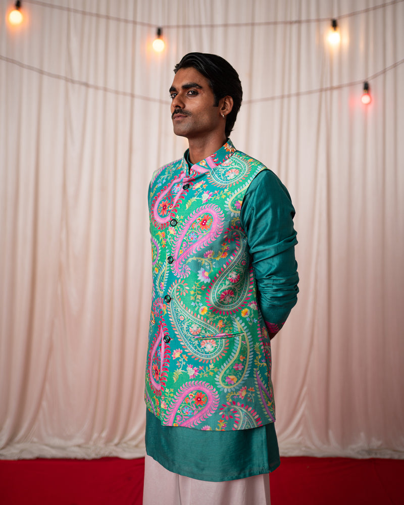 Mehfil Men- Green Nehru Jacket Kurta Set