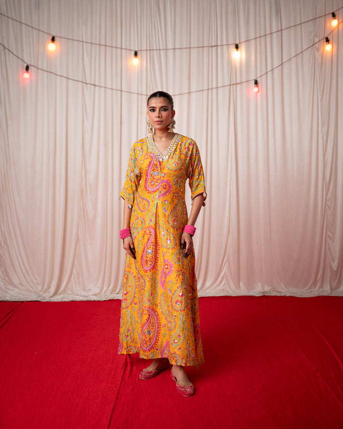 Paisley- Yellow Embroidered Kaftan Set