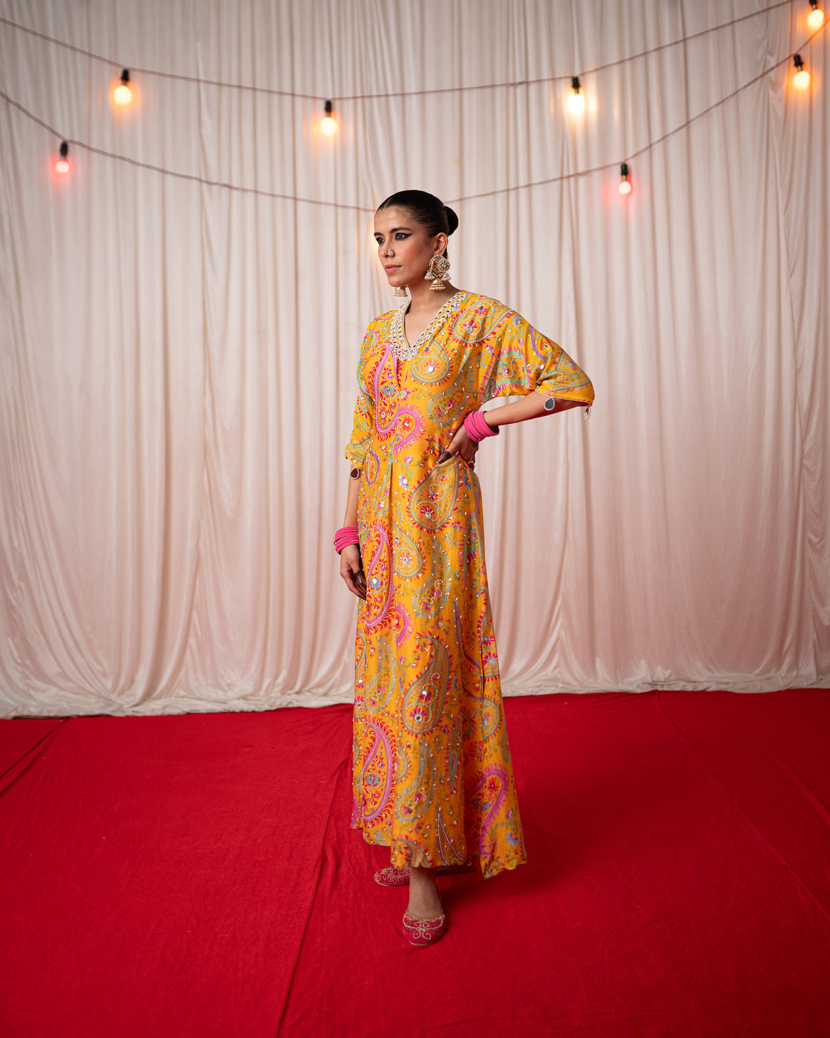 Paisley- Yellow Embroidered Kaftan Set