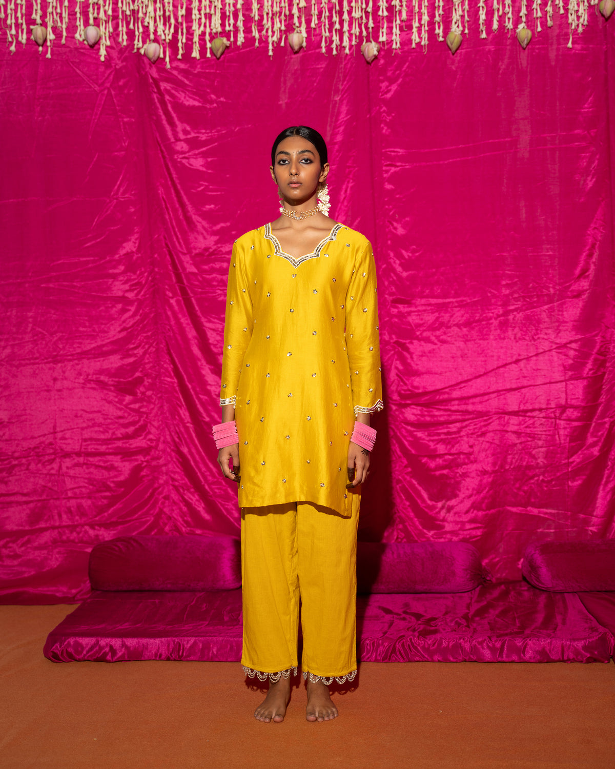 Bhādõ- Yellow Embroidered Short Kurta - Set of 2