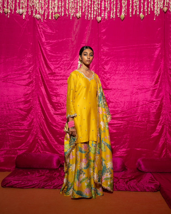 Gurleen Gambhir in Bhādõ- Yellow Printed Sharara Kurta - Set of 3