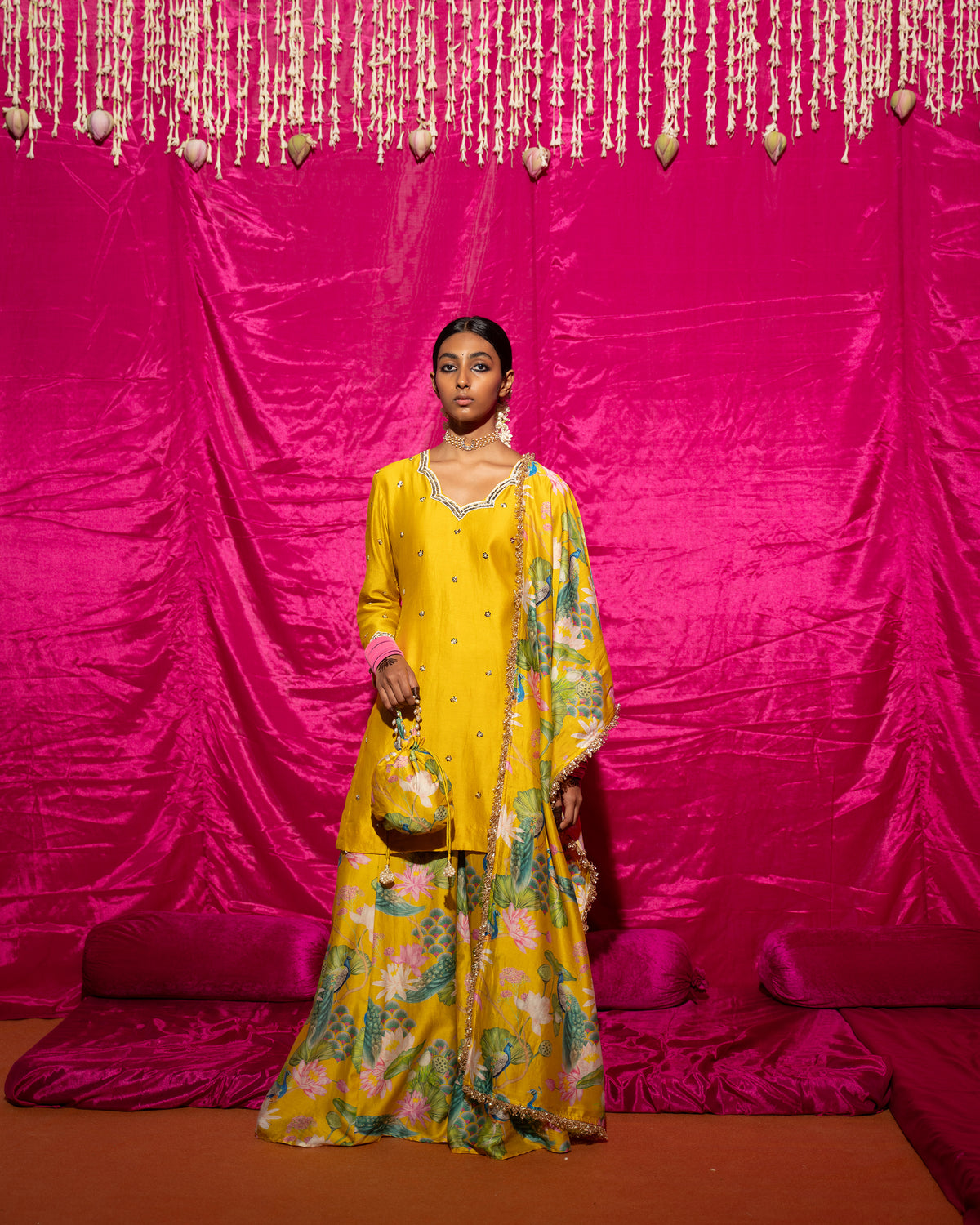 Bhādõ- Yellow Printed Sharara Kurta - Set of 3