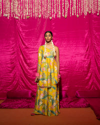 Bhādõ- Yellow Printed Off-Shoulder Sharara - Set of 2