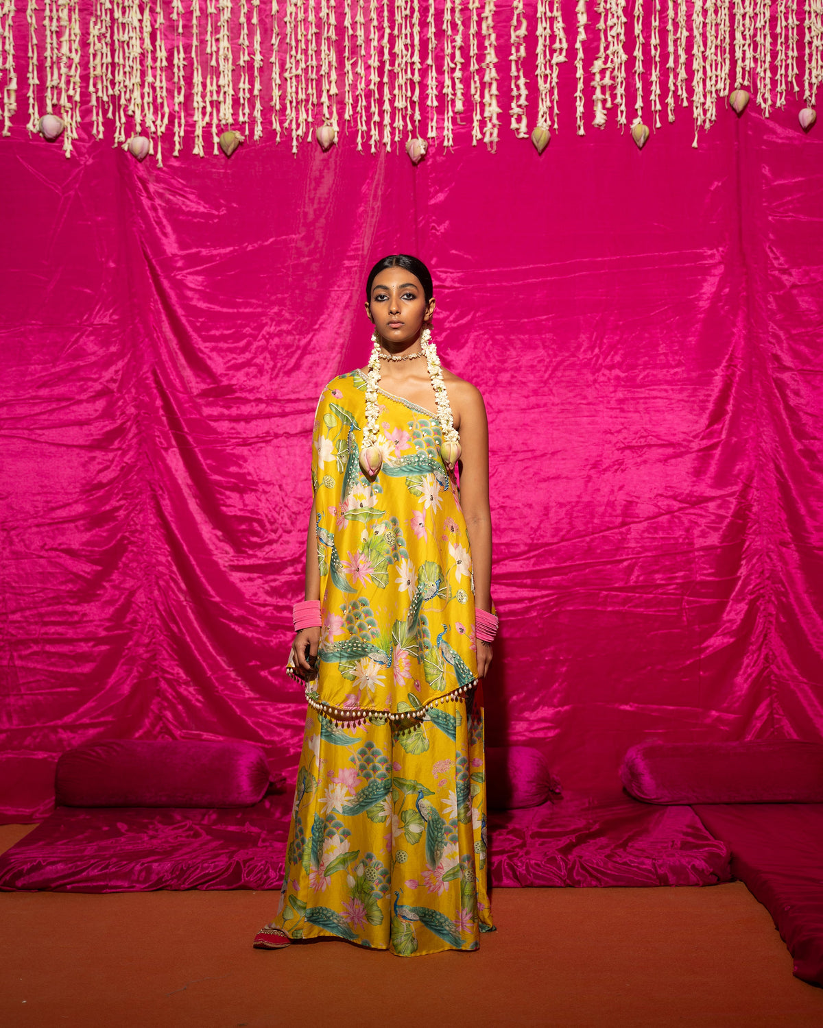 Deeksha Khurana in Bhādõ- Yellow Printed Off-Shoulder Sharara - Set of 2