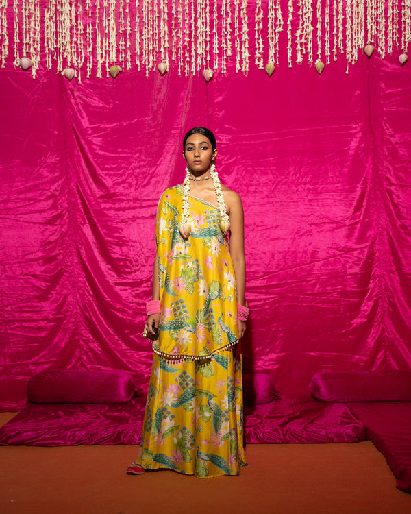 Deeksha Khurana in Bhādõ- Yellow Printed Off-Shoulder Sharara - Set of 2