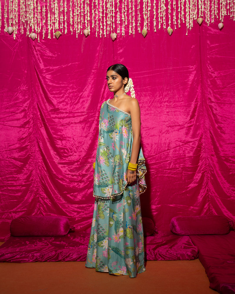 Bhādõ- Mint Printed Off-Shoulder Sharara - Set of 2