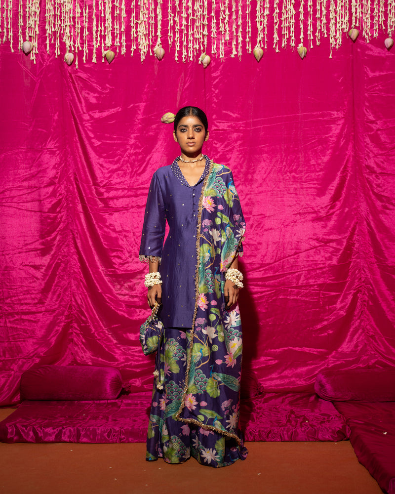 Arisha in Bhādõ- Purple Printed Sharara Kurta - Set of 3