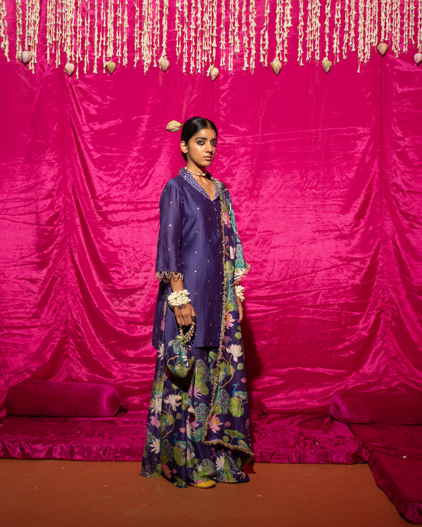 Bhādõ- Purple Printed Sharara Kurta - Set of 3