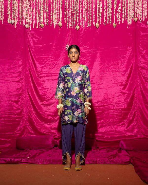 Dhriti Mehra in Bhādõ- Purple Printed Short Kurta Set