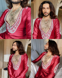 Siddharth Batra in Mehfil Men- Maroon Paisley Embroidered Kurta Set