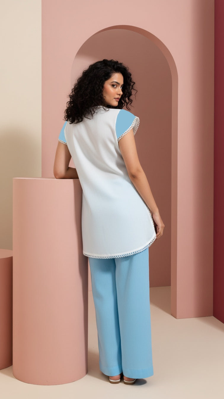 Evil Eye- Blue and Cream Cap Sleeves Co-Ord Set of 2