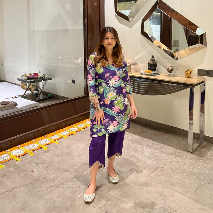 Dhriti Mehra in Bhādõ- Purple Printed Short Kurta Set