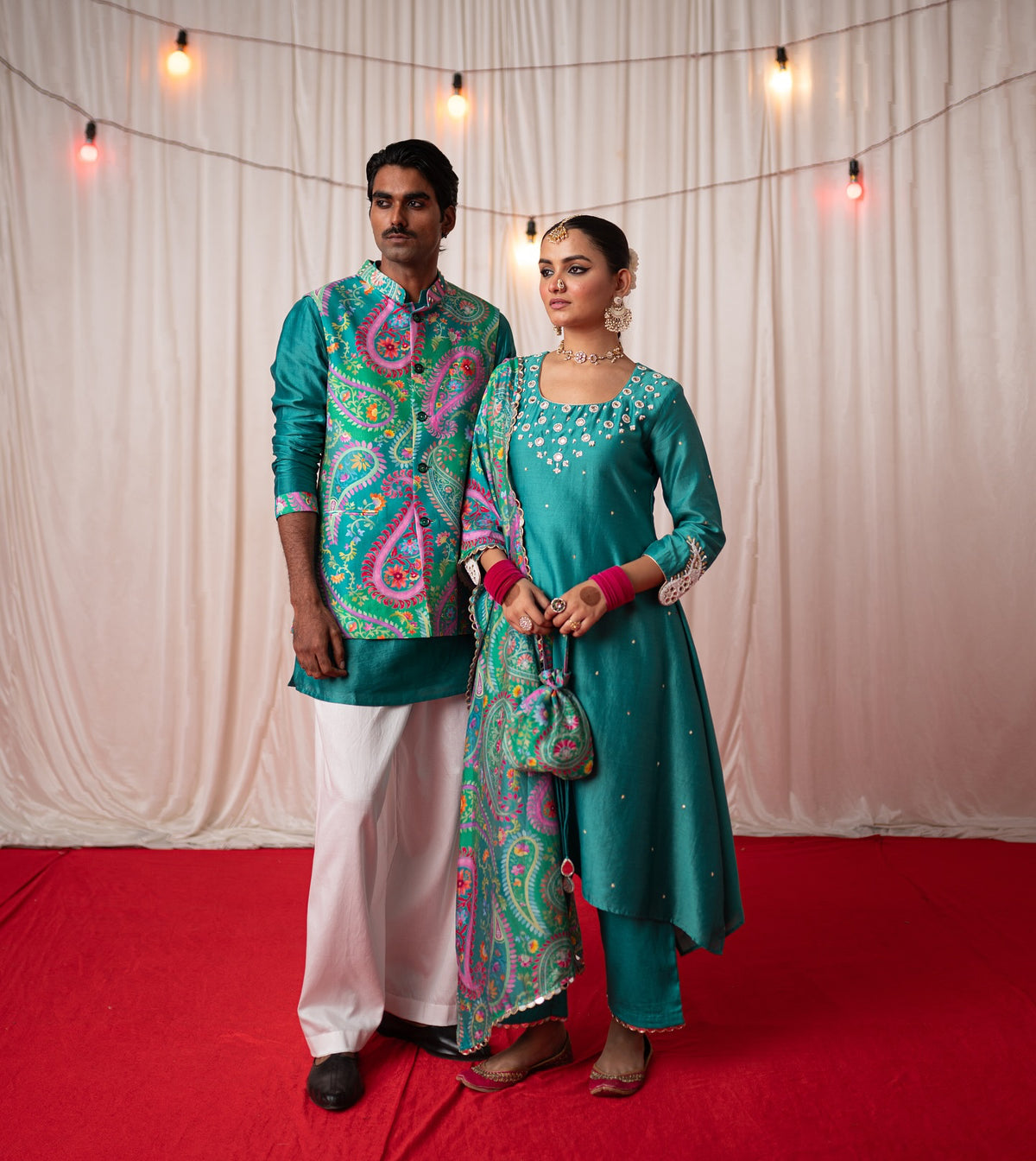 Mehfil Green Twinning Nehru Jacket & A-Line Kurta Bundle