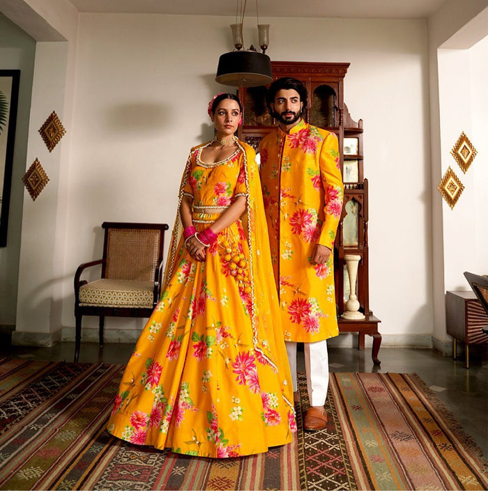 Baagh Yellow Twinning Sherwani & Lehenga Bundle