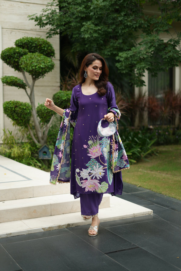 Anushka in Bhādõ- Purple Printed A-Line Kurta- Set of 3